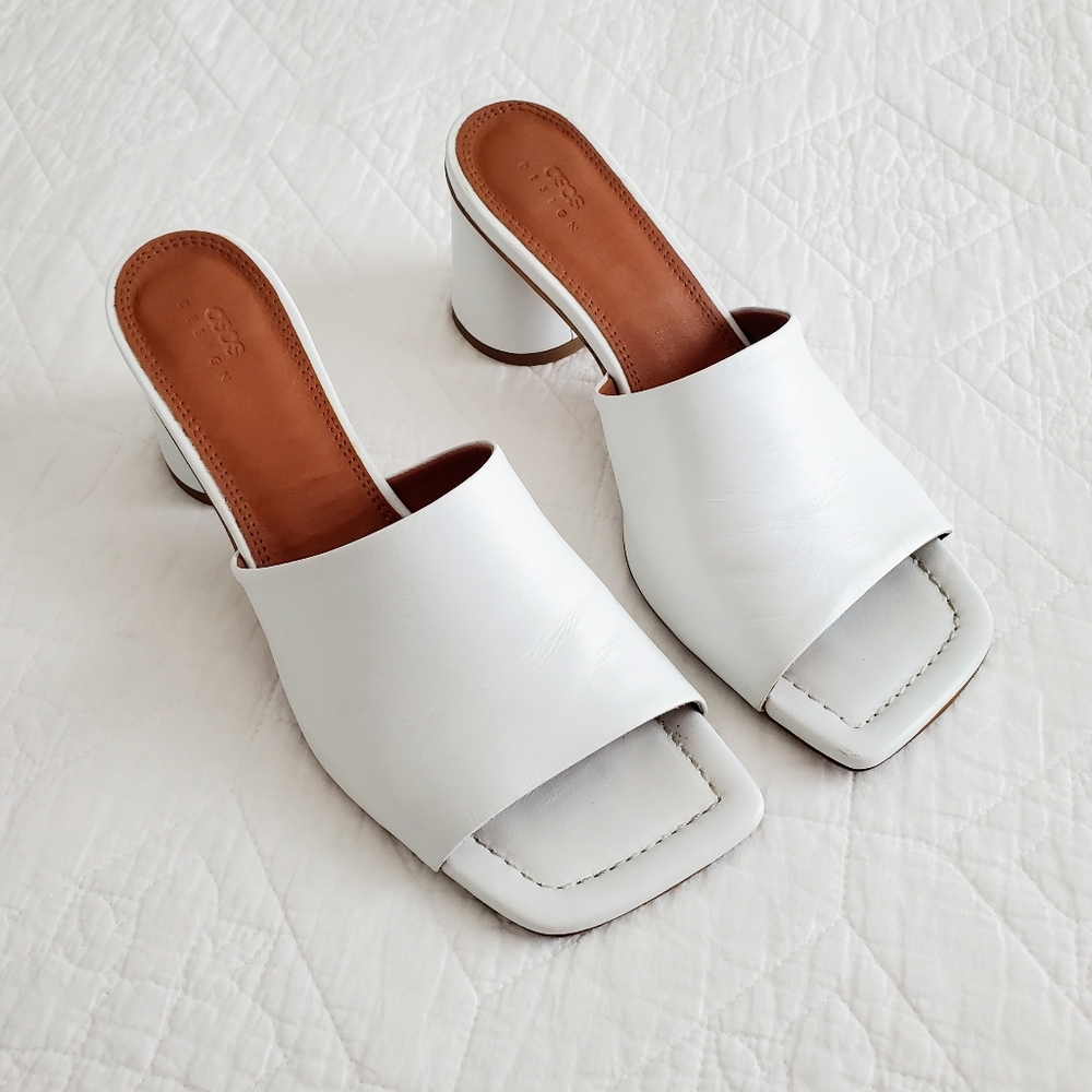 SOLD ASOS DESIGN Health Premium Leather Heeled Mules In White - Picture 2 of 8